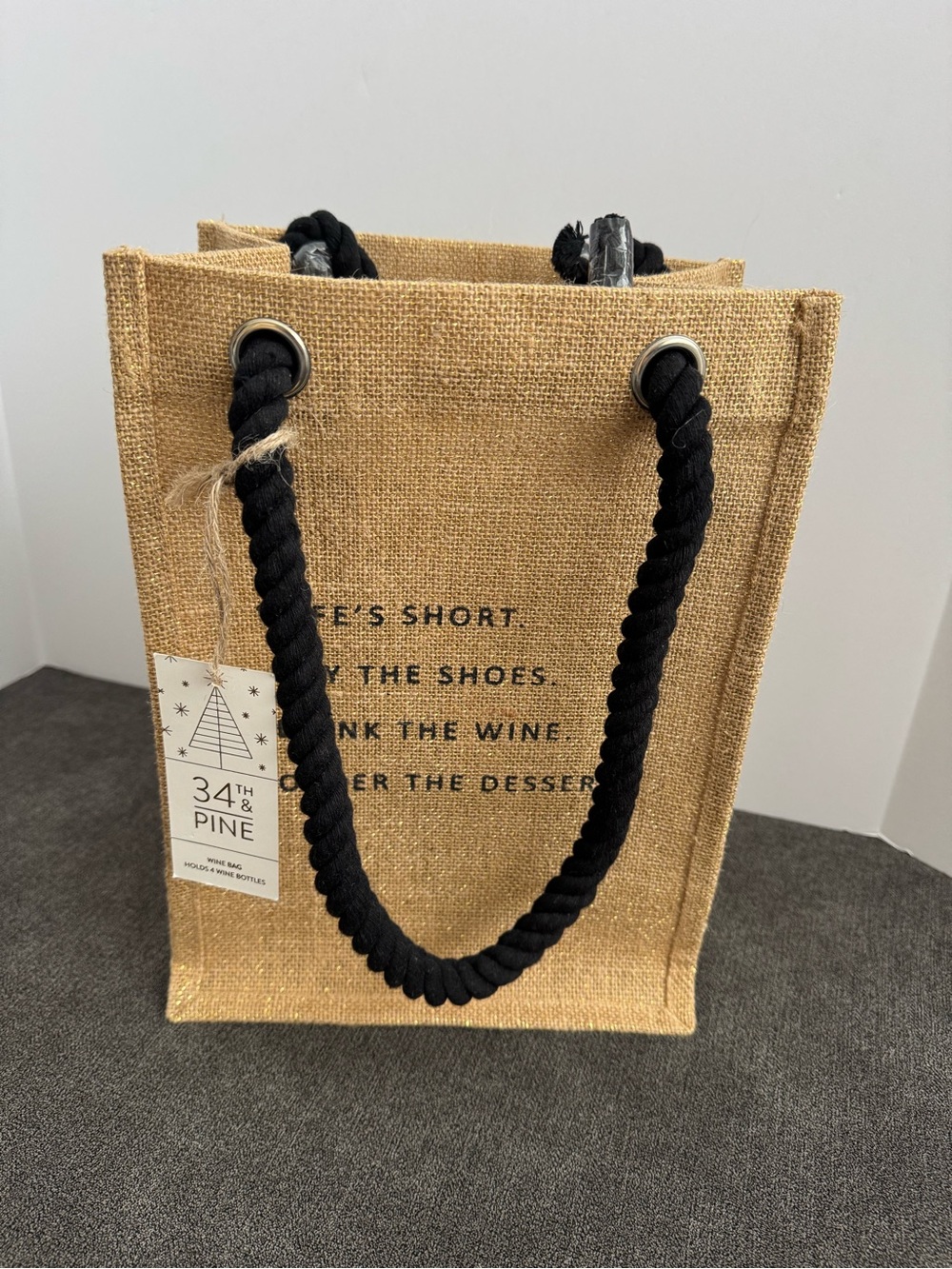 34th & Pine Jute Wine Tote with Black Rope Handles Holds 4 Bottles